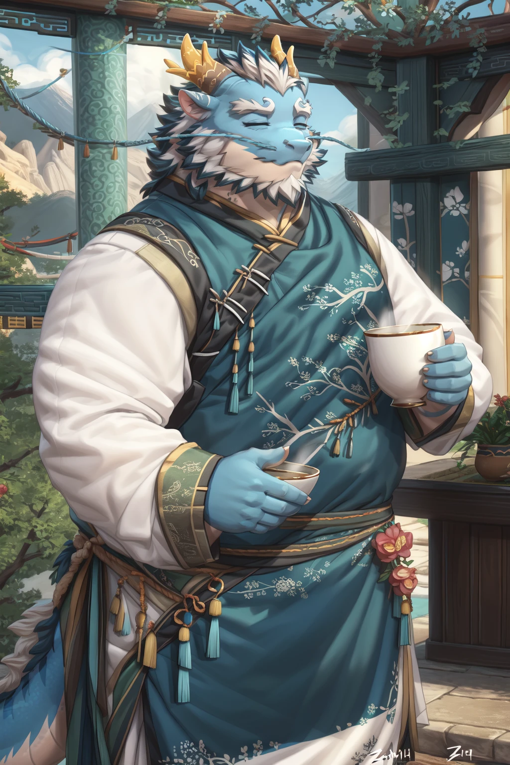 <lora:qinglong-09:1>, qinglongtas, musclegut, orange eyes, blue fur, (pose:1.3), (posing:1.3), (soft shading), 4k, hi res, ((detailed face, (detailed eyes:1.0), detailed)), (full body), by zackarry911, by zaush, (by personalami:0.5), 1boy, holding, closed eyes, upper body, male focus, cup, chinese clothes, steam, holding cup, sharp fingernails, tea
