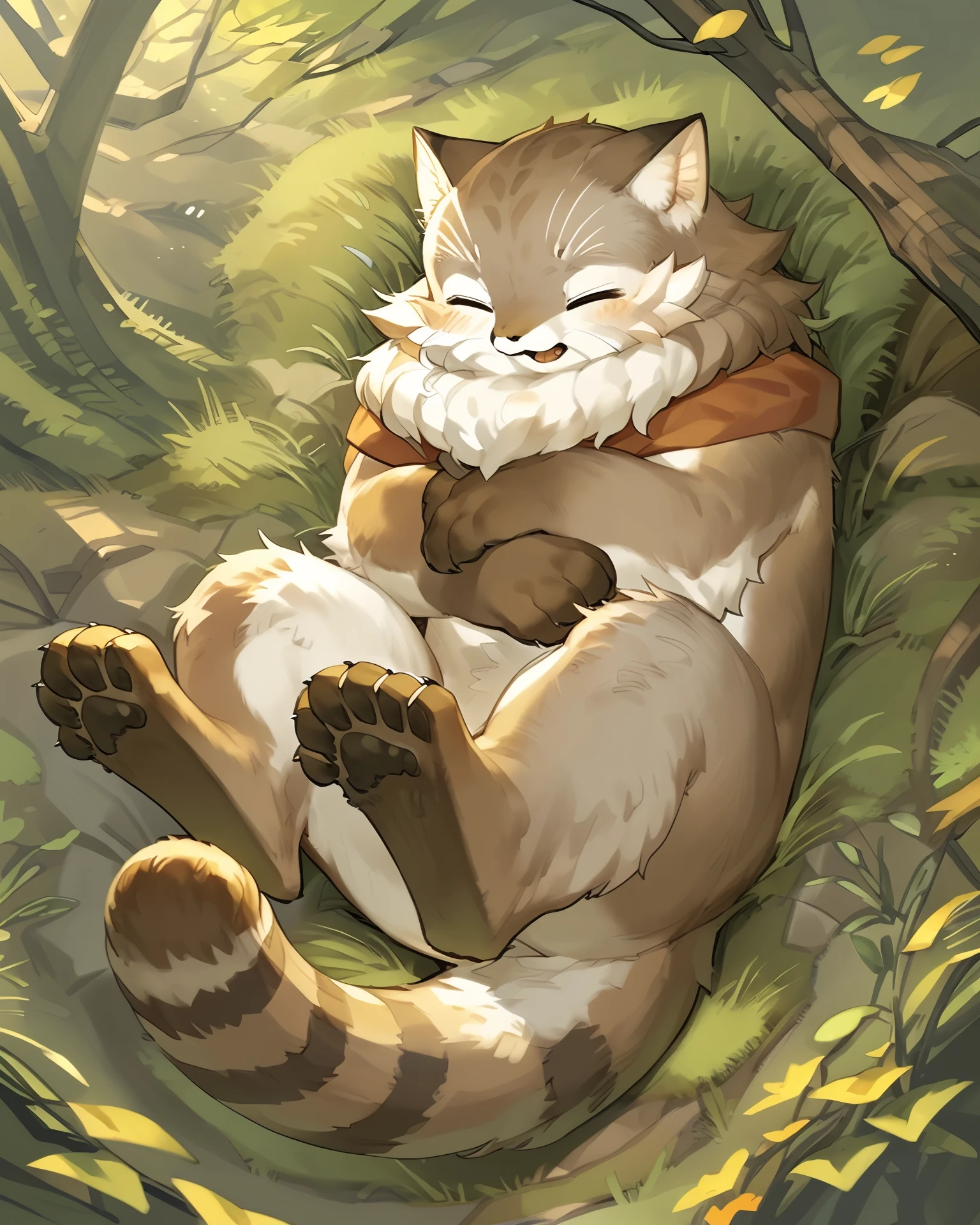 <lora:SV_Major Meowskers_a1_2_VPred:1>,
character portrait of a,anthro,chibi,majmeow,solo,hi res,
detailed background,outdoors,by kame 3,(three-quarter view),forest,lying,curled up,eyes closed,