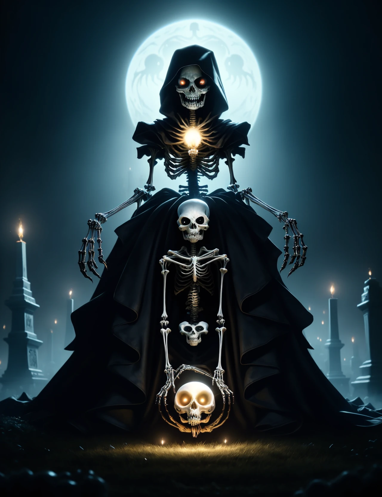 hyper detailed masterpiece, dynamic, awesome quality,DonMSt33lM4g1c mystical pop surrealism vampire countess skeleton cemetery eyeball cupcakes skeletons malevolent laugh phantom lanterns scarecrows watching classic horror films, <lora:DonMSt33lM4g1c-000008:0.8>
