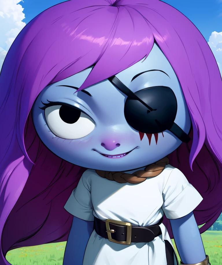 pibby black eyes,purple hair,blue skin,long hair,eyepatch,
standing,scar,
smile,white shirt,belt,
outdoors,plains,
(insanely detailed, beautiful detailed face, masterpiece, best quality),solo,<lora:pippy:0.8>,