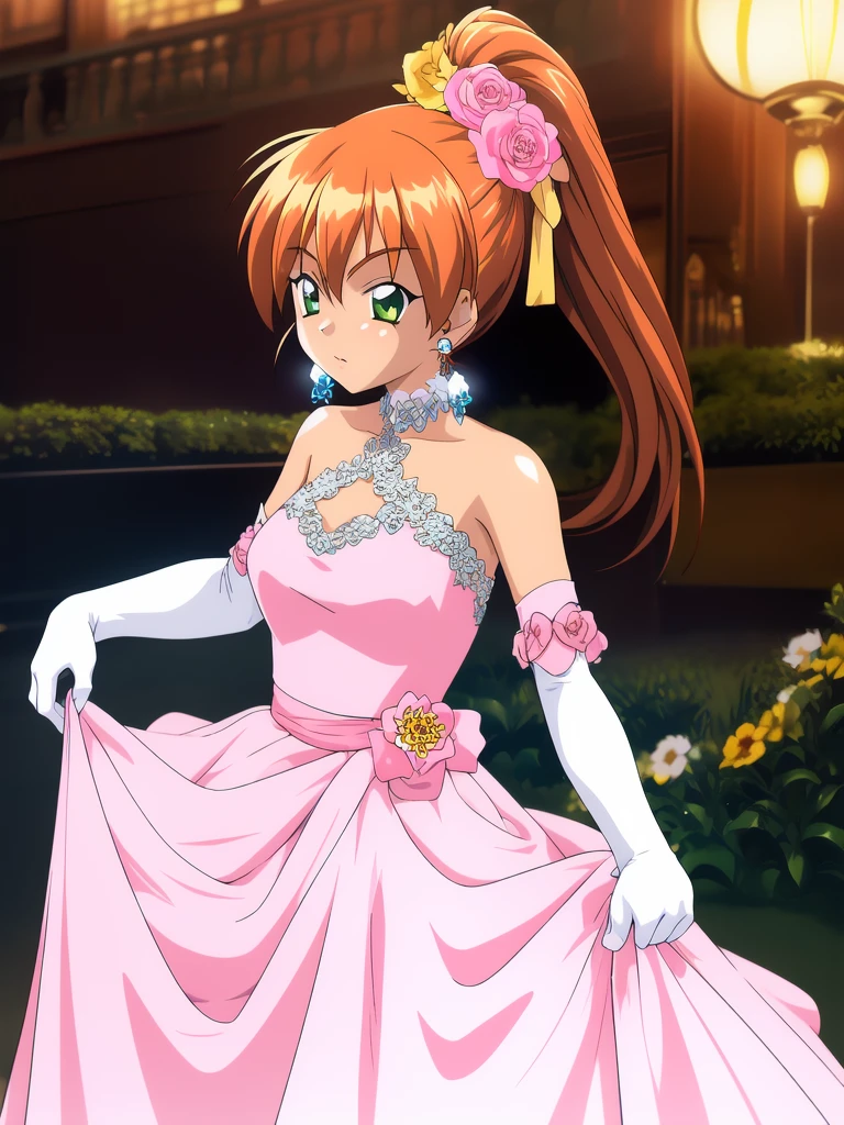 <lora:Akai_Homura:1>ãAkaiHomura, dress, gloves, elbow gloves, 1girl, jewelry, earrings, flower, formal, hair ornament, solo focus, ponytail, green dress, skirt hold,
masterpiece, high quality, very_high_resolution, large_filesize, full color,
