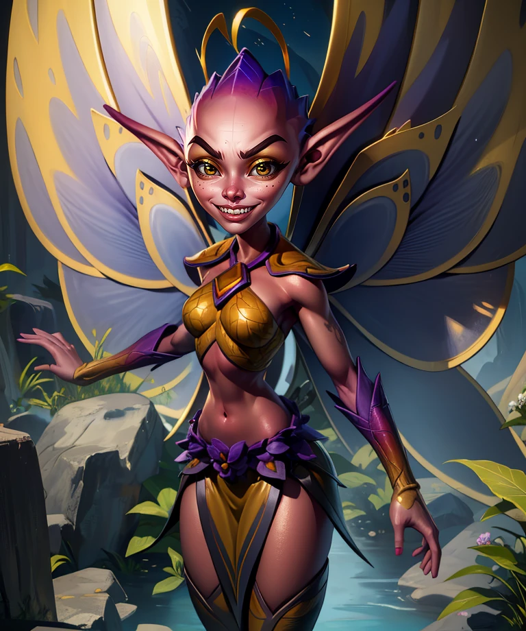 Willow,yellow eyes,yellow antenna on forehead,
fairy wings,thighhighs,boots,midriff,
devious,big grin,teeth,dimples,
standing,upper body,
(insanely detailed, beautiful detailed face, masterpiece, beautiful detailed eyes, best quality),<lora:WillowPL:0.8>,