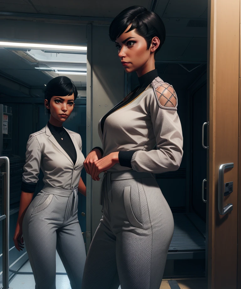 wenjieevans,black hair,short hair,black eyes,
white pants,white jacket,serious,
standing,upper body,2girls,twins,
facility,lab,
(insanely detailed, beautiful detailed face, masterpiece, best quality),<lora:WenjieEvans:0.8>,