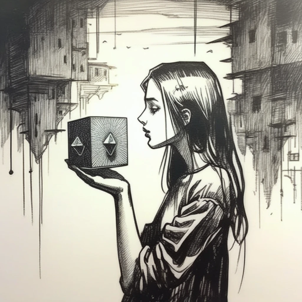 drawix6 girl holding a small mystical cube, surreal world in the background, black ink <lora:drawix6:1>