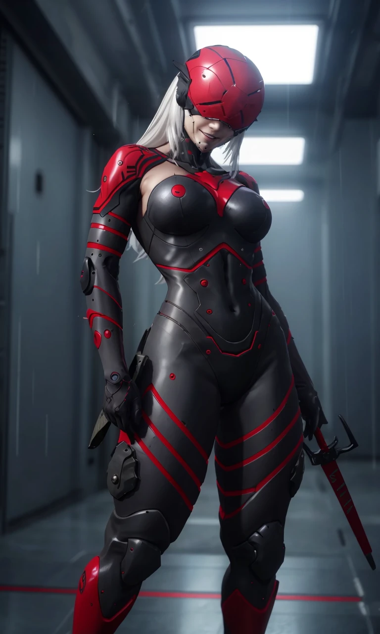 msoonmgr2024, evil smile, 1girl, white hair, 8k, uhd, best quality, masterpiece, intricate, photorealistic, raw image, cyber ninja, helmet, black and red suit, sai sword, tactical suit, armor, trending on artstation, cybernetic, dramatic lighting, robotic, large breasts, thin waist, wide hips, full body,