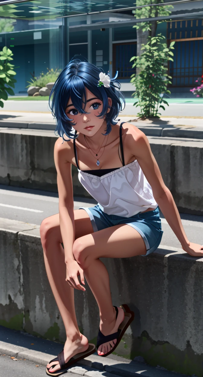 aqwskkr, 1girl, beautiful, masterpiece, 8k, three quarters shot, sandals, public aquarium, blue hair, hair ornament, medium length hair, white camisole