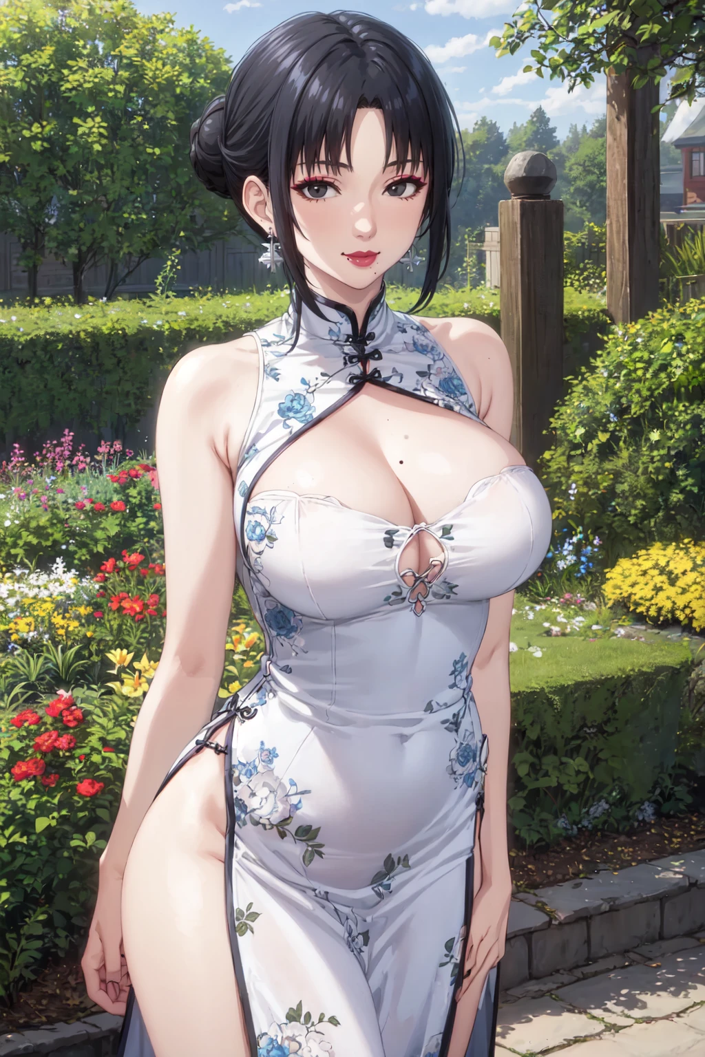best quality, masterpiece, <lora:My Mother:1> , 1girl, mother1, black hair, single hair bun, short hair, black eyes, earrings, jewelry, makeup, mole under mouth, (mature female:1.2), large breasts, china dress, outdoors, garden, light smile, looking at viewer, cowboy shot, standing, arms behind back,