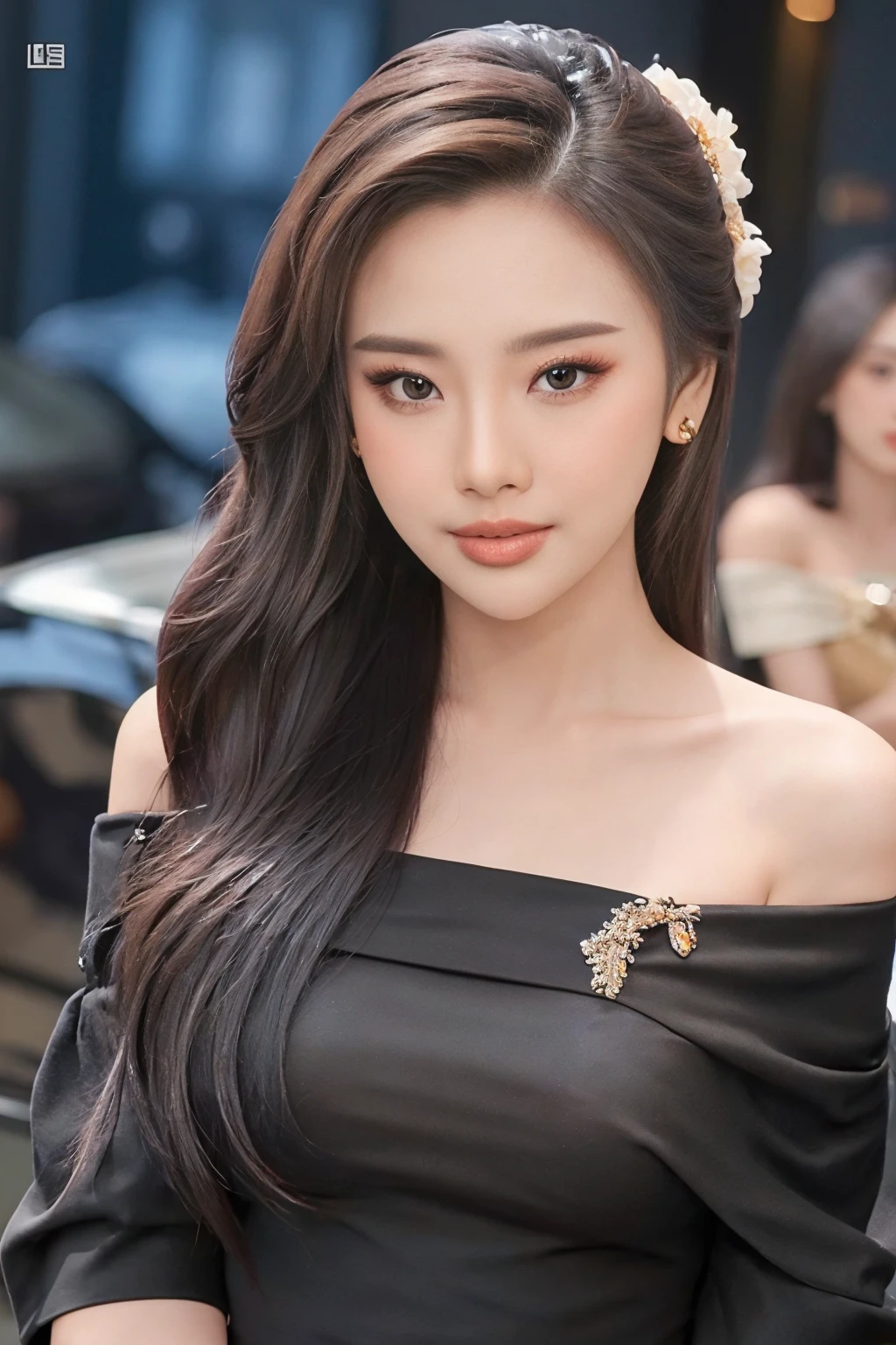 masterpiece,  best quality,  photorealistic, woman,  long hair,  blouse,  look at viewer,  off_shoulder,  low key,  black background, Ly0dr41,<lora:EMS-257454-EMS:1.000000>