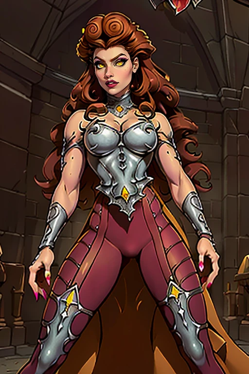 masterpiece,best quality,extreme detail,8k,image sharpness,<lora:lilith-10:0.8>, lilith2, 1girl, solo, long hair, breasts, brown hair, cleavage, bare shoulders, jewelry, medium breasts, standing, yellow eyes, nail polish, armor, makeup, copyright name, ring, lipstick, gem, red nails, pink nails, curly hair, breastplate