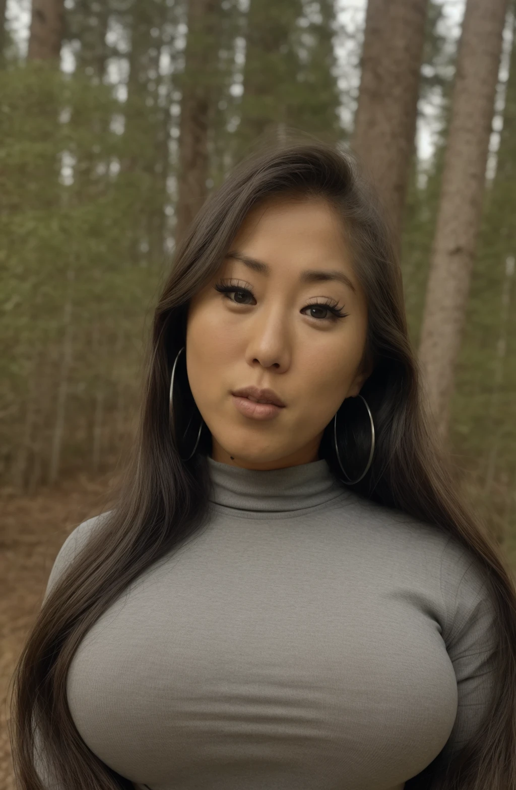 officialjennybabas \(Person\),@officialjennybabas,Jenny Babas \(Person\),@babas_jenny, masterpiece, 1girl, ((portrait shot)), breasts, black eyes, black hair,  earrings , closed mouth, looking at viewer, tracksuit , collar shirt,long hair, background: Oregon trail Forest, solo, upper body, <lora:Jenny Babas-000016:1>