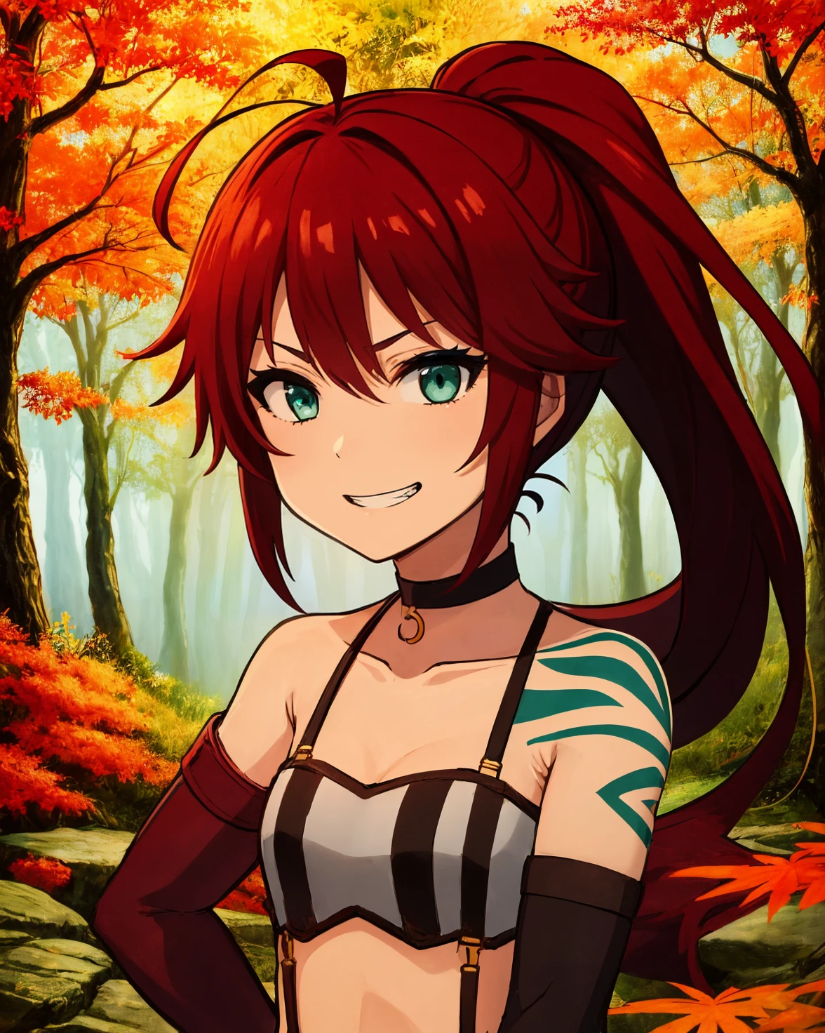 (best quality, masterpiece:1.2), illustration, absurdres, <lora:animemix_16:0.7>,
(1girl, solo, beautiful detailed girl), (upper body, portrait),
<lora:ShirleyAzure:1>, Shirley Orlando, red hair, ahoge, ponytail, aqua eyes, small breasts, green tattoo,
bandeau, choker, suspenders, short shorts, belt, gloves, thigh strap, boots, red footwear,
looking at viewer, smug, grin,
in a forest, autumn colors, leaves, trees,,
on knees,