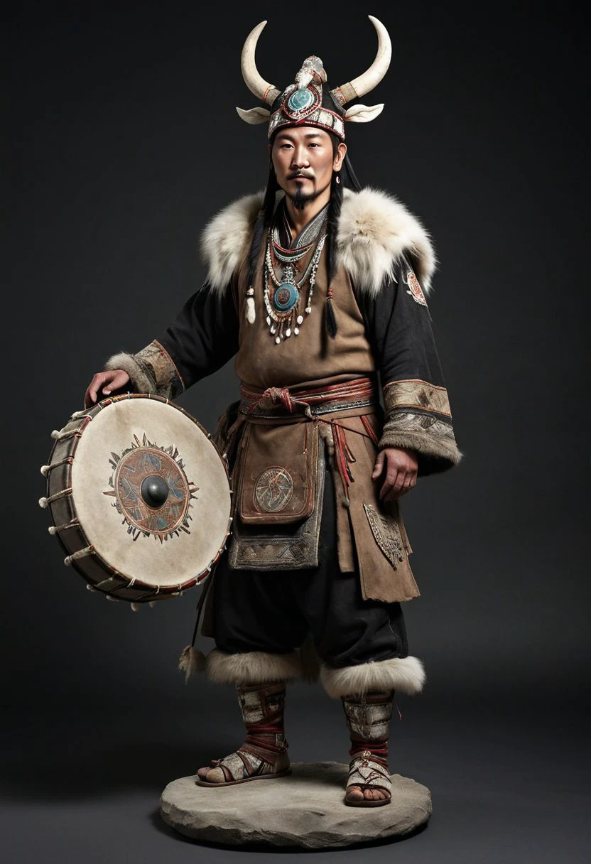 mountain medieval mongolian shaman in a fur and bone and drum, 1man standing, (full body:1.5), hero pose,exaggerated proportions, intricate character design, sense of nostalgia, exaggerated features, memorable look, consistent, coherent, captivating, (clear eyes:1.2), (highly detailled eyes:1.2), highly detailled hands, detailled floor, textured socle, dusty ground, intricate shoes, master piece, intricate, master piece, intricate, (simple background, black background:1.5), rim lighting, dimlight,"detailed skin texture, highly detailled fabrics, precise linen, precise bump textures, absurd res textures, high glossy, perfect reflection, intricate surfaces, subsurface scattering, ambiant occlusion, subtle scratchs, imperfections, soft shadow, insane detail, detailled stitches and sews, intricate leather"