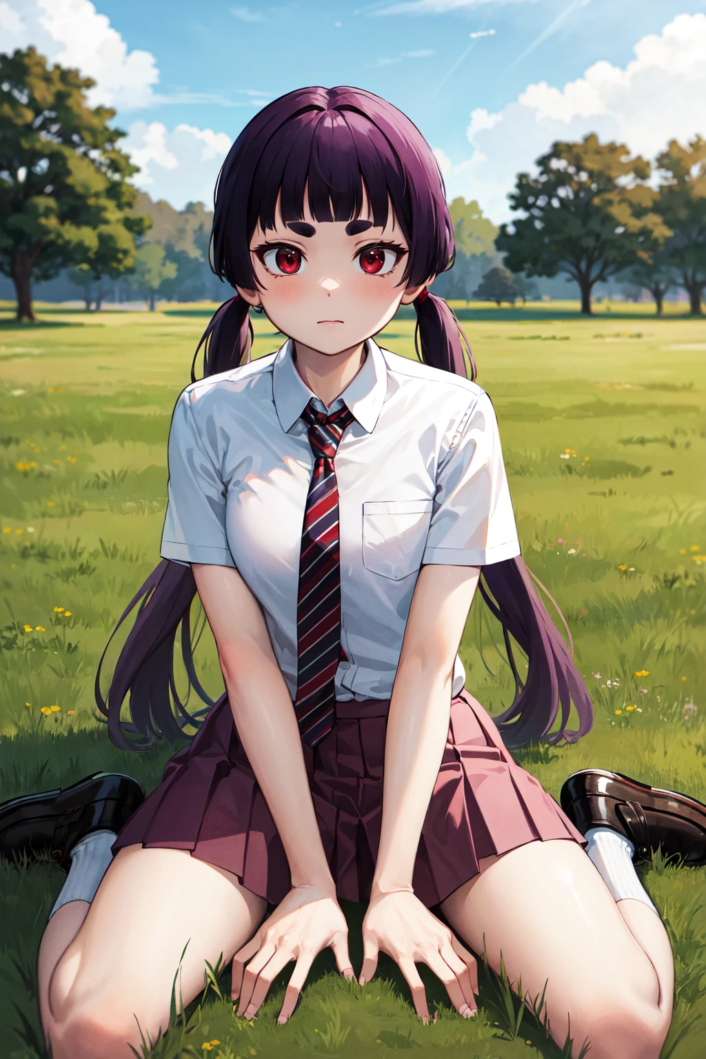 masterpiece, best quality, highres, 1girl, solo, long hair, purple hair, low twintails, blunt bangs, thick eyebrows, short eyebrows, red eyes, school uniform, white shirt, necktie, pink skirt, <lora:kamiki_izumo_v1:0.7>, wariza, socks, loafers, grass