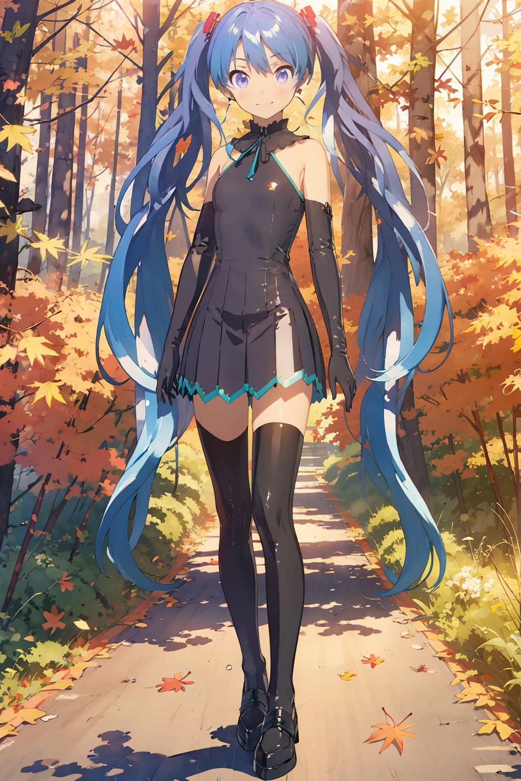 1girl,solo,full body,looking at viewer,long hair,hatsune miku,twintails,very long hair,(black dress:1.1),<lora:test1:0.8>,neck ribbon,elbow gloves,black black gloves,black thighhighs,blue hair,purple hair,purple eyes,(autumn maple forest:1.3),(very few fallen leaves),(path),wheat field,field,(smile:1.2),panorama,full_shot,walking,, masterpiece,best quality,highres,ultra high res,(abstract art:1.2),2d,(highlydetailed),(colorful),(intenseexpression),(fashionable),