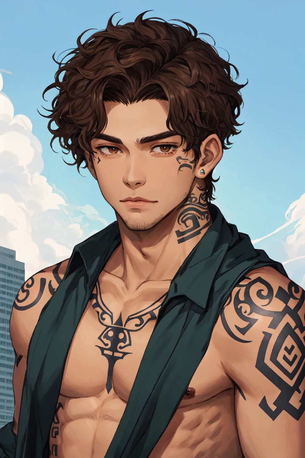 1boy, masculine, ((male focus)), solo, pasifika, maori, polynesian, Aotearoa, brown eyes, short hair, curly hair, fluffy hair, brown hair, tan skin, dark skinned male, face tattoo, facial tattoo, tattoo, polynesian tattoo, moko, chin tattoo, upper body, LUT like a , outdoors, city view,
