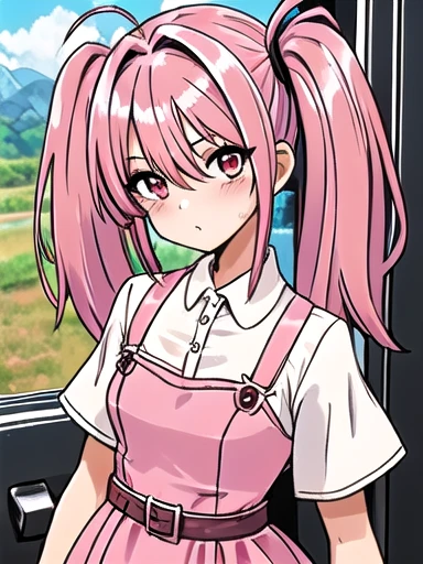 <lora:blackbunny_2024_1_5:1> pink hair twintail hair . 1gril  with dress.in a train