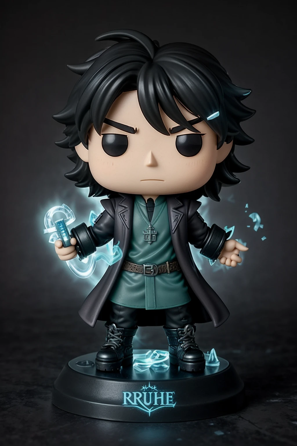 <lora:Funko:1> chibi, 3d render, 1boy, urban wizard, long duster coat, rune-inscribed shirt, worn-out combat boots, fingerless gloves, arcane amulets, messy tousled hair, intense eyes, mysterious aura, ancient grimoire