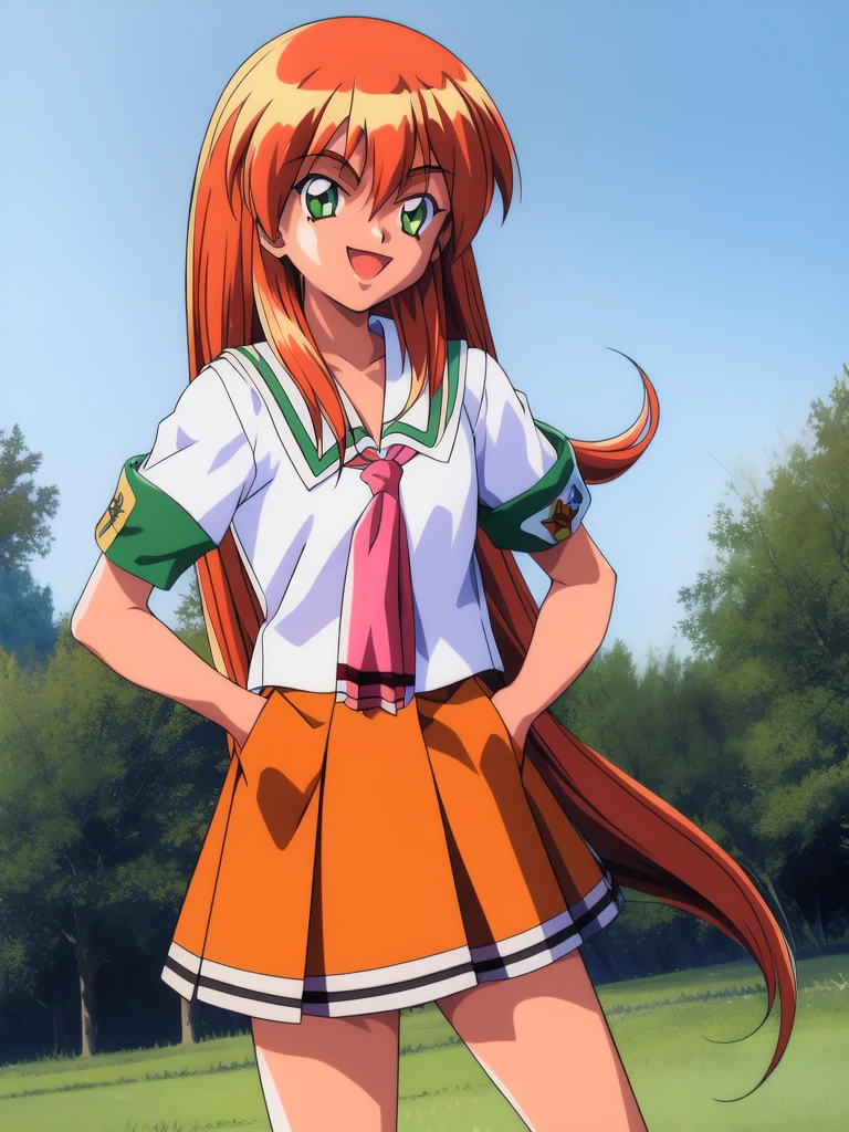 <lora:Akai_Homura:1>ãAkaiHomura, 1girl, solo, hands in pockets, skirt, school uniform,  retro artstyle, orange skirt, sneakers, necktie, cowboy Shot, 1990s (style), smile, socks, sleeves rolled up,   loose socks, smile, open mouth,
blue sky, 
masterpiece, high quality, very_high_resolution, large_filesize, full color,