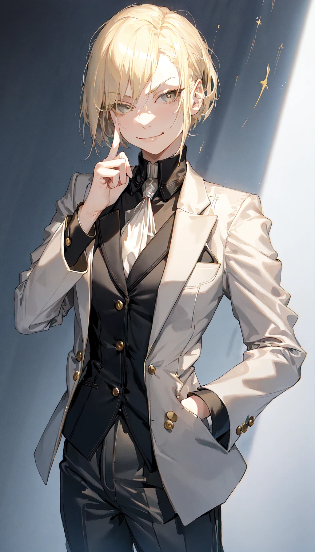 masterpiece, best quality, 1girl, finger to mouth, short platinum blonde hair, blazer, trousers, smug, smirk, closed mouth, motion lines