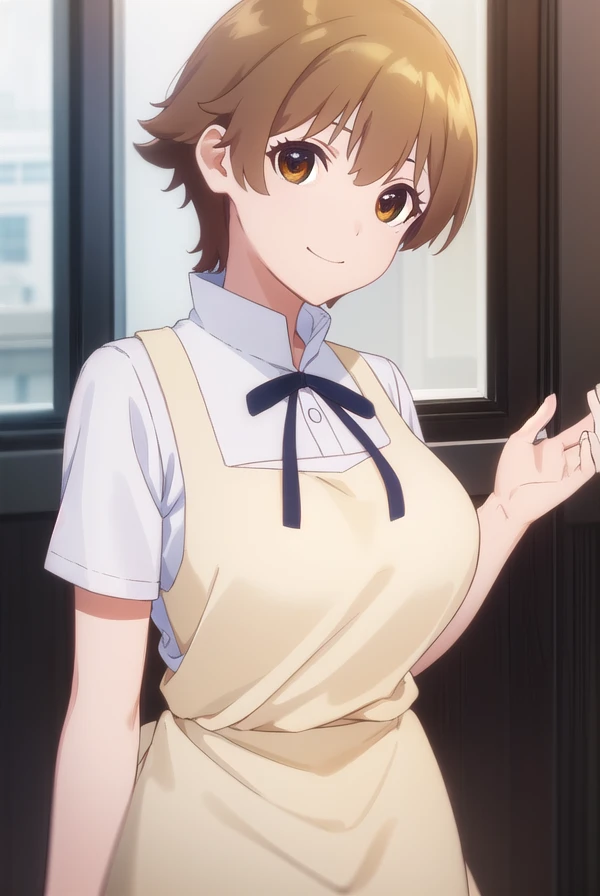 hanamiyakoshi, <lora:hana miyakoshi s1-lora-nochekaiser:1>,
hana miyakoshi, short hair, brown hair, (brown eyes:1.3), smile,
BREAK apron, waitress,
BREAK indoors, restaurant,
BREAK looking at viewer, (cowboy shot:1.5),
BREAK <lyco:GoodHands-beta2:1>, (masterpiece:1.2), best quality, high resolution, unity 8k wallpaper, (illustration:0.8), (beautiful detailed eyes:1.6), extremely detailed face, perfect lighting, extremely detailed CG, (perfect hands, perfect anatomy),