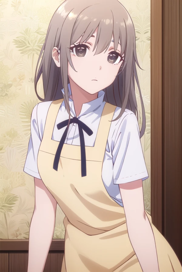 sayurimuranushi, <lora:sayuri muranushi s1-lora-nochekaiser:1>,
sayuri muranushi, long hair, brown hair, (brown eyes:1.5),
BREAK apron, waitress,
BREAK indoors, restaurant,
BREAK looking at viewer, (cowboy shot:1.5),
BREAK <lyco:GoodHands-beta2:1>, (masterpiece:1.2), best quality, high resolution, unity 8k wallpaper, (illustration:0.8), (beautiful detailed eyes:1.6), extremely detailed face, perfect lighting, extremely detailed CG, (perfect hands, perfect anatomy),