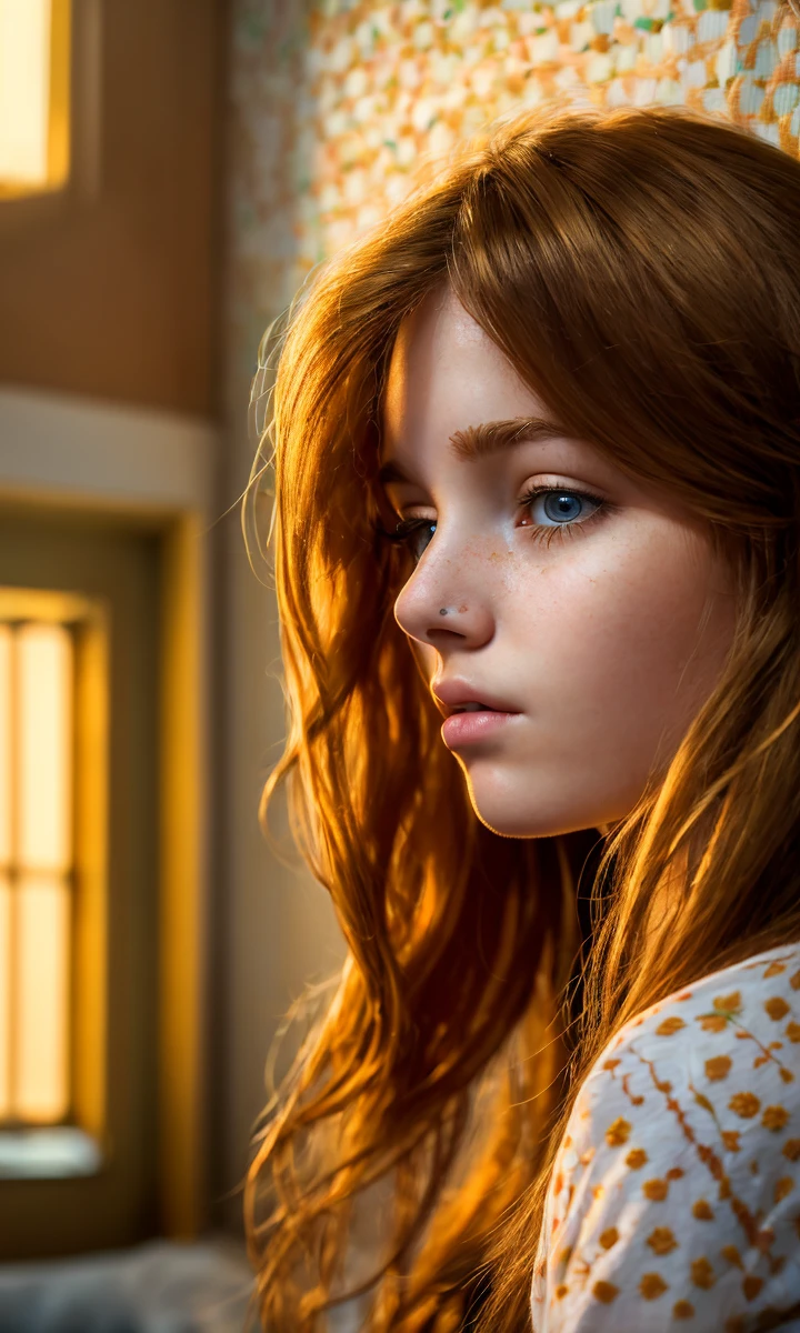 The gentle evening sun casts a golden, closeup portrait of a lovely teenage girl, (freckles:0.2), in a Soviet apartment, carpet on the wall . disheveled hair, detailed eyes, perfect composition, emotional, harmonious, vignette, highly detailed, high budget, moody, epic, gorgeous