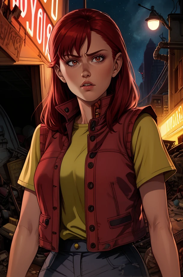 1girl standing,red hair,brown eyes,
red vest,toned,
standing,upper body,serious,
night,junkyard,
science fiction,
(insanely detailed, beautiful detailed face, masterpiece, best quality),solo,<lora:akiraMovie-10V8Strong:0.8>,