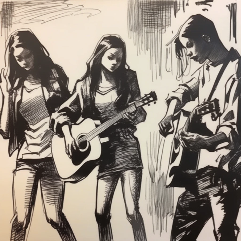 drawix6 girl playing guitar surrounded by a group of people, black ink <lora:drawix6:1>