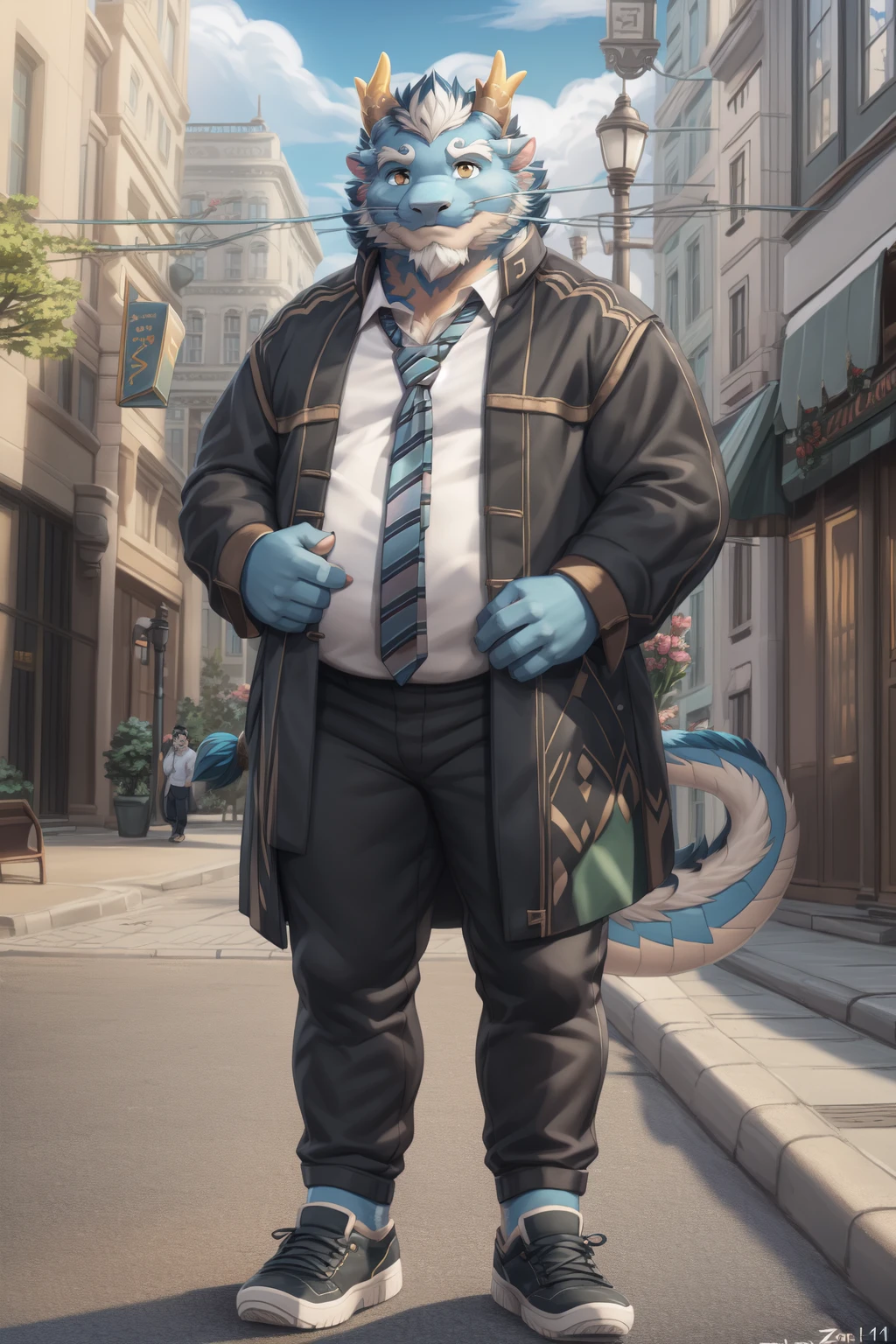 <lora:qinglong-09:0.9>, qinglongtas, musclegut, orange eyes, blue fur, tail, (pose:1.3), (posing:1.3), (soft shading), 4k, hi res, ((detailed face, (detailed eyes:1.0), detailed)), (full body), by zackarry911, by zaush, (by personalami:0.5), city, street, shirt, 1boy, holding, standing, full body, white shirt, male focus, necktie, shoes, collared shirt, pants, coat, book, black pants, (front view:1.4)