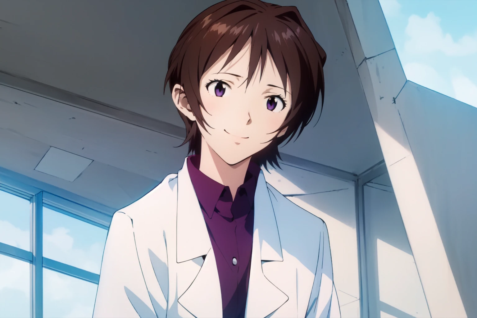 (RAW photo, best quality), 1girl, natural lighting <lora:eva_yui_ikari_v2_2-000004:1>, yui ikari, labcoat, smile,