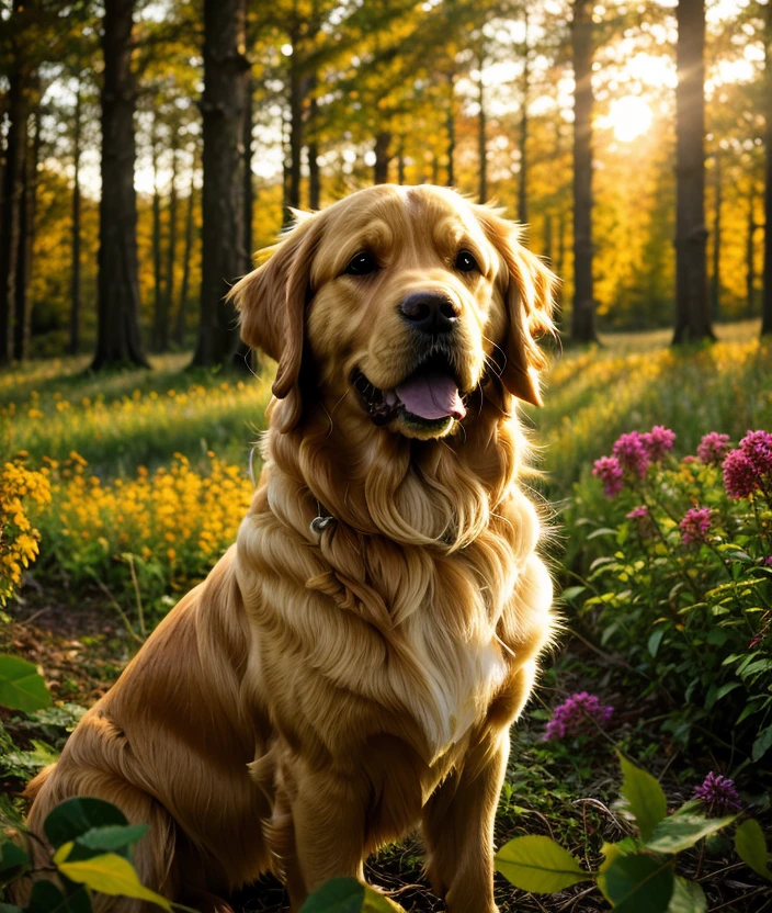 <g0ld3n>, Enchanted forest, spectacular light, upper body, Leaves, sunset, foglie, Colorful flowers, close portrait photo