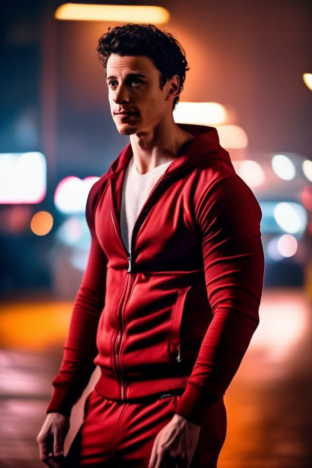 michael trevino a man <lora:Adam-Dimarco_Michael-Trevino-000001:1>, realistic photo in a worn ((skin-revealing skimpy erotic red tracksuit, massive hairy pecs)), abs, big pecs, big arms, bulge, VPL, ((light bokeh)), intricate, (steel metal [rust]), elegant, erotic, exuding sexual energy, homoerotic, sharp focus, photo by greg rutkowski, soft lighting, vibrant colors, (masterpiece), ((streets)), (detailed face), looking at viewer, light smile, night, walking towards viewer, cinematic lighting, beautiful lighting, cinematic lighting, (hazy filter, film grain:1.2)