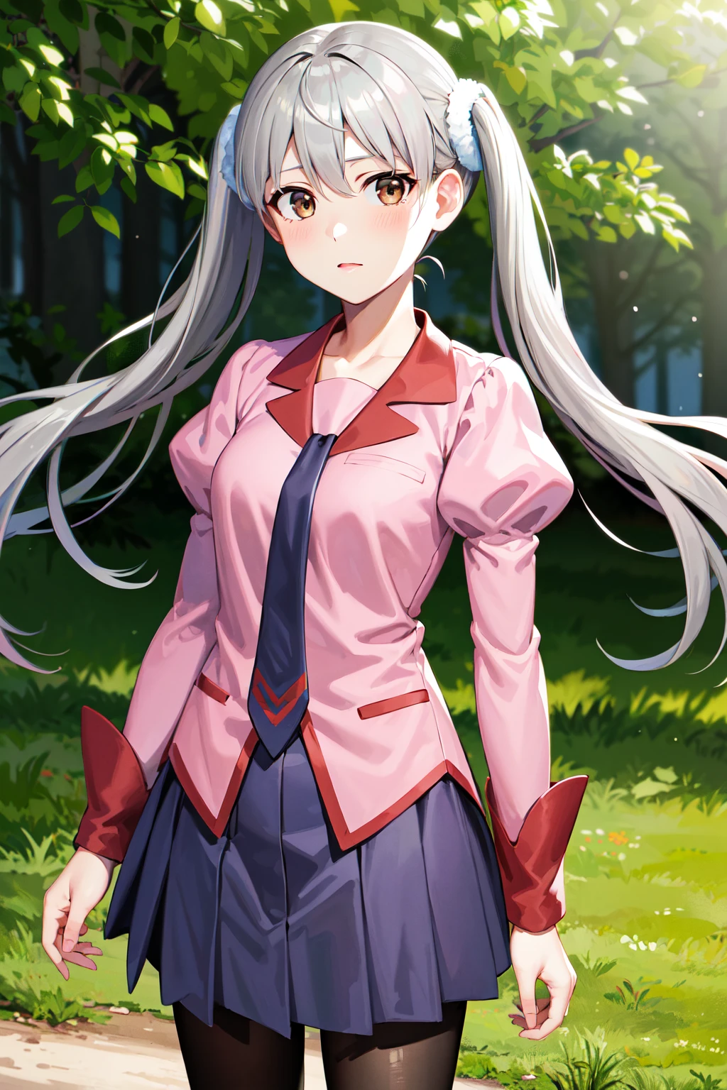 masterpiece, best quality, highres, aasodachi, long hair, twintails, brown eyes, school uniform, necktie, pink shirt, puffy sleeves, long sleeves, purple skirt, black pantyhose, <lora:oikura_sodachi_v1:0.8>, standing, cowboy shot, outdoors