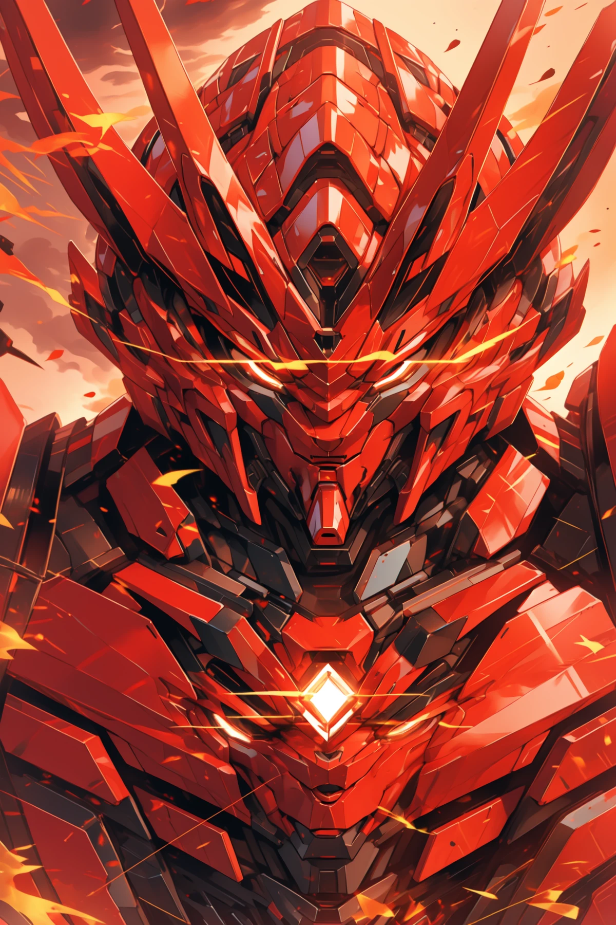 nijimecha,solo,looking at viewer,glowing,v-fin,glowing eyes,portrait,close-up,upper body,embers,super robot,glowing eye,horns,head tilt,from above,smoke,<lora:nijimecha-p12:0.6>,red theme,<lora:more_details:-0.5>,