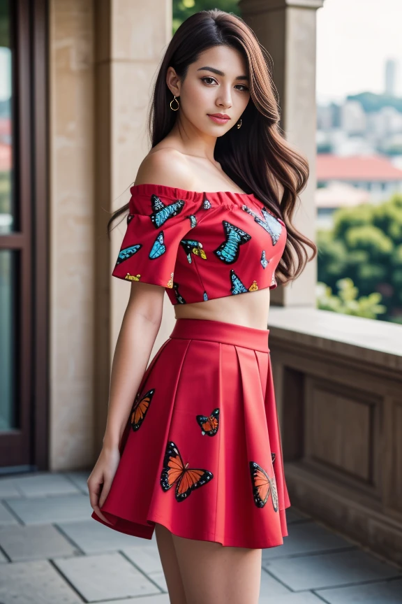 1woman, long hair, realistic, masterpiece, high detailed skin, looking at viewer, outdoor view, solo, full body shot
<lora:Butterfly_CropTop_Micro_Skirt_By_Stable_Yogi:0.8>red micro skirt, off shoulder crop top, butterfly print, butterfly print