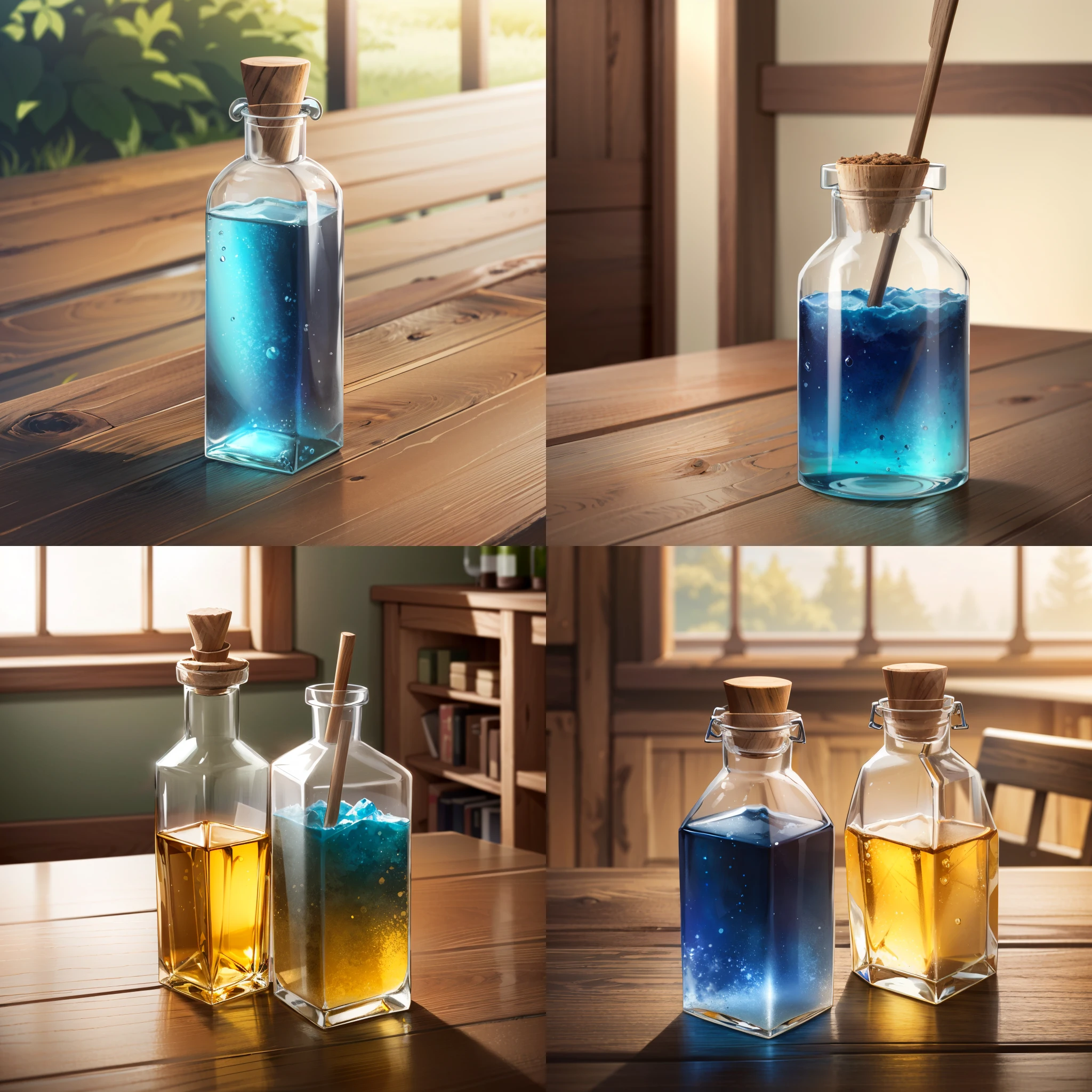 photorealistic, a glass bottle of colorful potion sitting on a wooden table