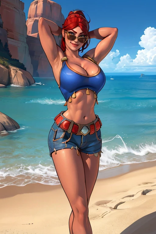 masterpiece,best quality,extreme detail,8k,image sharpness,<lora:Cassie:0.8>,cassie2,1girl,solo,breasts,looking at viewer,smile,large breasts,navel,cleavage,standing,red hair,midriff,belt,artist name,armpits,arms up,crop top,sunglasses,arms behind head,
