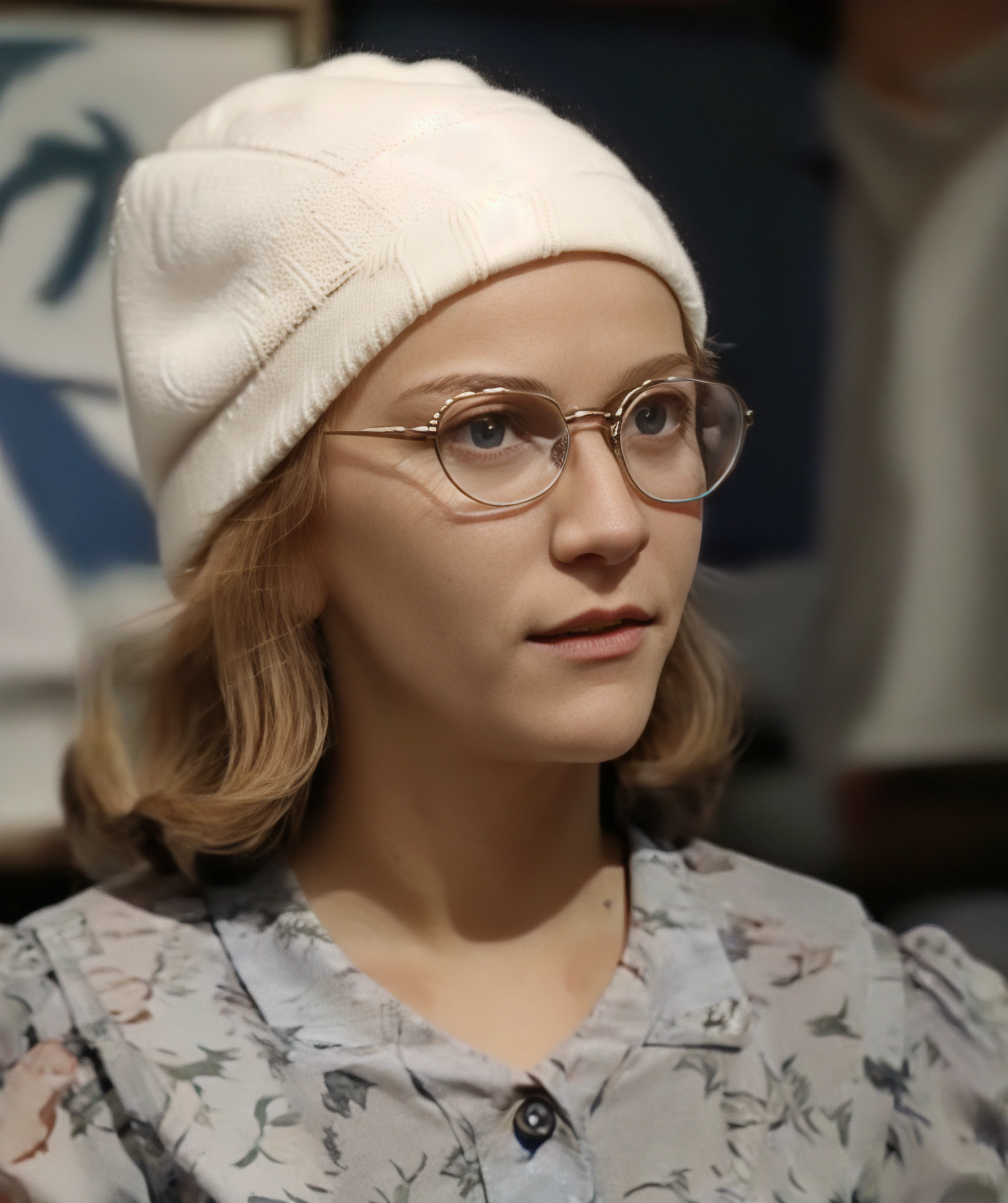 irma_gobb, glasses, blue dress, white hat <lora:Irma_Gobb-10:0.85>