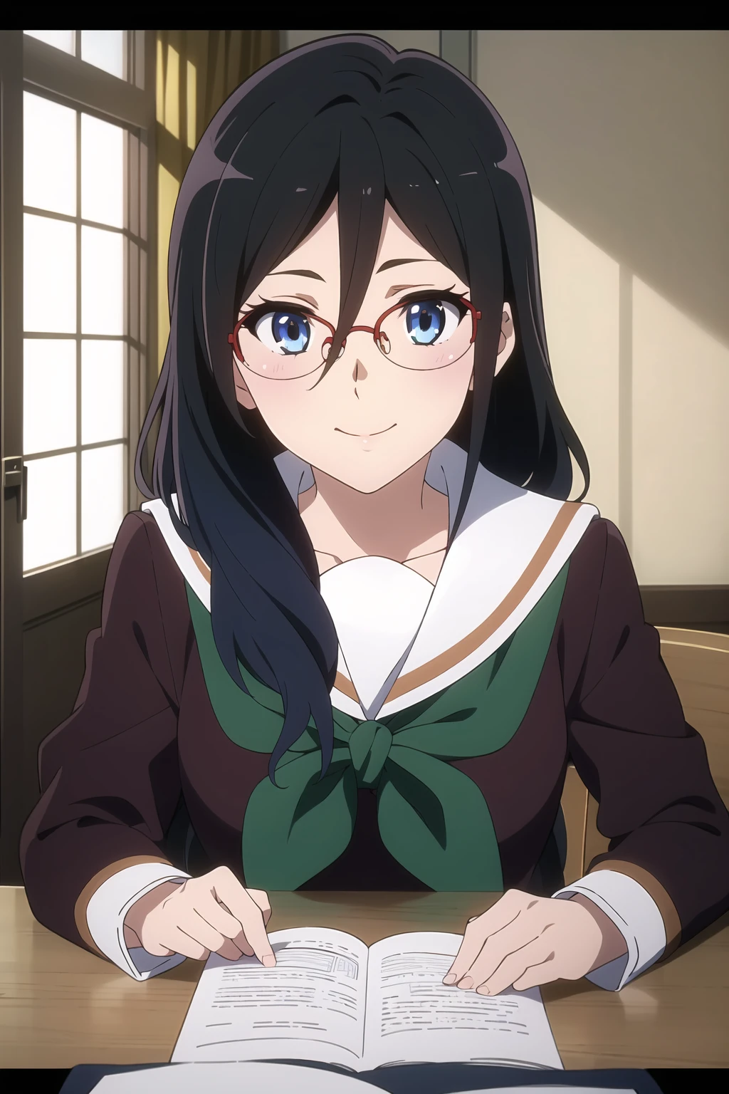 ((best quality)),((highly detailed)),masterpiece,absurdres,detailed face,beautiful face,(detailed eyes, deep eyes),1girl,((dynamic pose)), <lora:AsukaV1:0.7>,Asuka, kitauji high school uniform, green neckerchief, black hair, blue eyes, neckerchief, glasses, brown shirt, long hair, sailor collar, shirt, long sleeves, smile, serafuku, looking at viewer, white sailor collar, blush, closed mouth, over-rim eyewear, hair between eyes, bangs, semi-rimless eyewear, solo focus, sitting, red-framed eyewear, face resting on hand