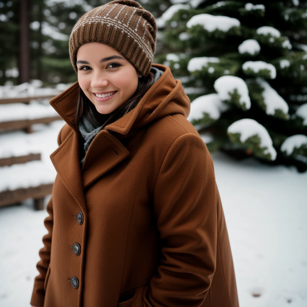 cinematic film still center of view of the camera for a  young woman wearing a brown coat and a brown headscarf is standing in the snow. She has a beautiful smile and is looking at the camera. The background is blurred.
 . shallow depth of field, vignette, highly detailed, high budget, bokeh, cinemascope, moody, epic, gorgeous, film grain, grainy