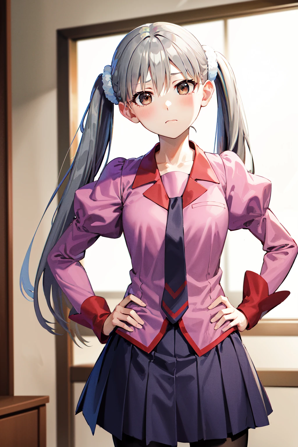 masterpiece, best quality, highres, aasodachi, long hair, twintails, brown eyes, school uniform, necktie, pink shirt, puffy sleeves, long sleeves, purple skirt, black pantyhose, <lora:oikura_sodachi_v1:0.8>, frown, indoors, standing, hand on hip,