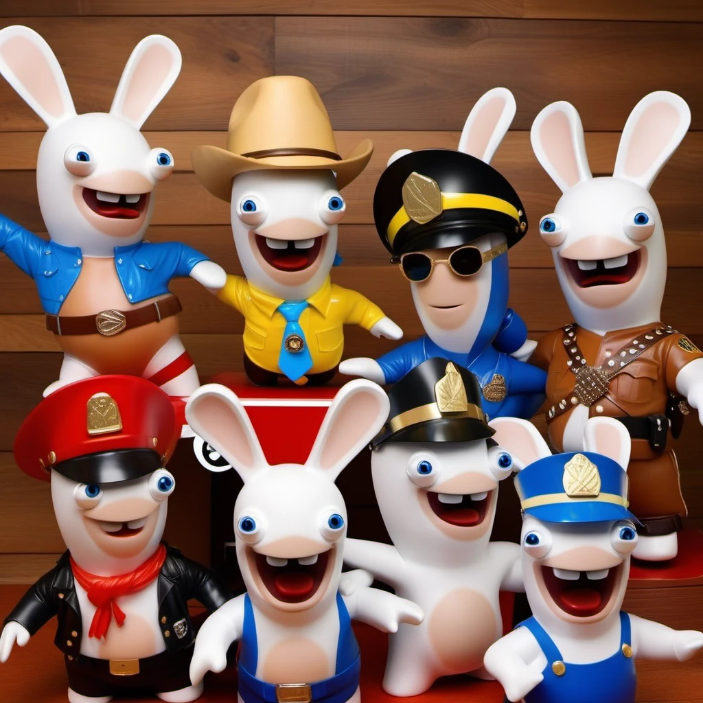 a rabbit dressed as a cowboy, a rabbit dressed as a indian, a rabbit dressed with a latex cap,  a rabbit dressed with a hardhat, a rabbit dressed as a cop,  like the village people band, highly detailed, photography, ultra sharp, film, professional, 64k  <lora:LapinsCrétins1024-000175:0.8> <lora:add-detail-xl:1.5>