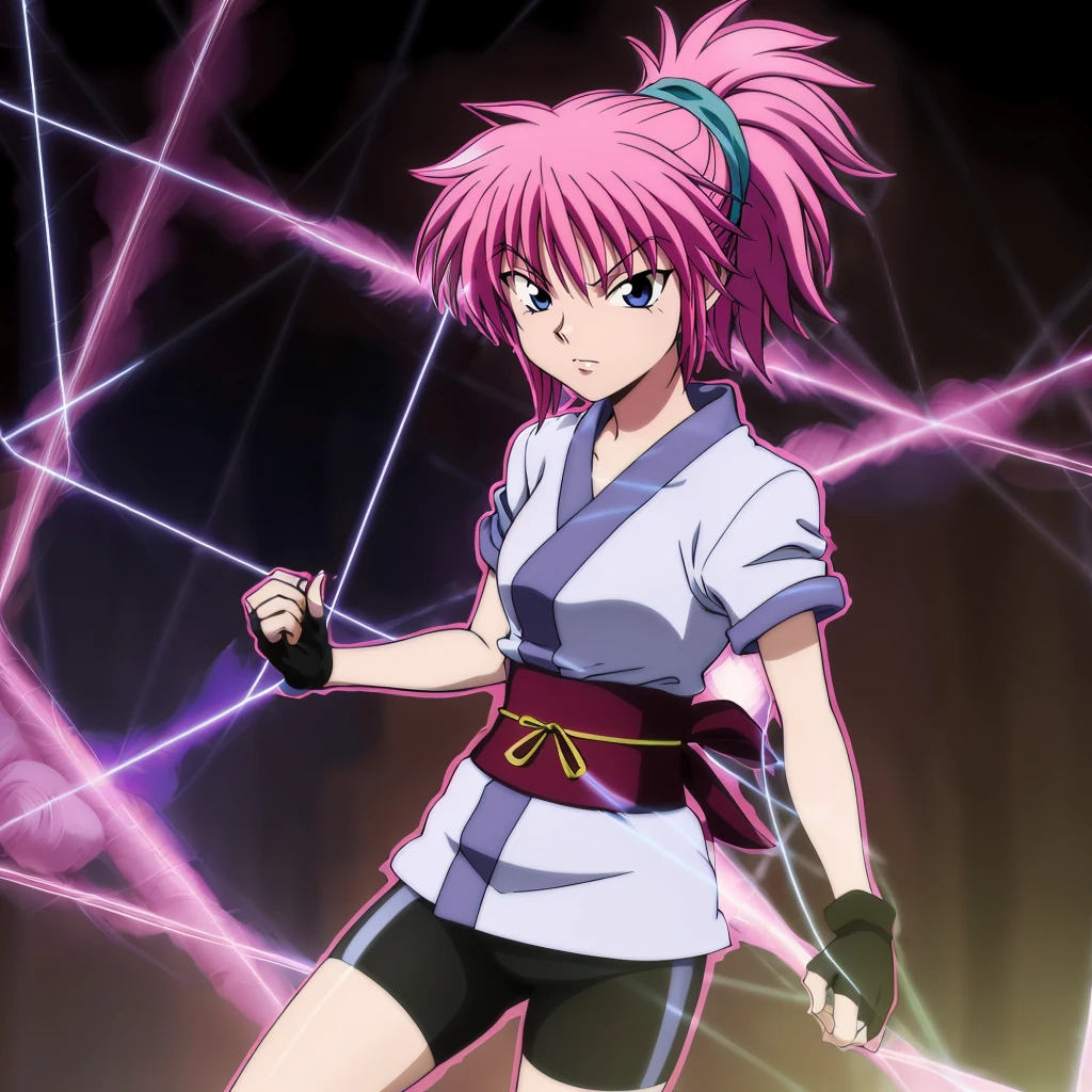 <lora:machi001:0.7>,
machi,1girl,
ponytail,
short kimono,
obi,sash,
fingerless gloves,
bike shorts,
(threads:1.3),glowing threads,fighting_stance,