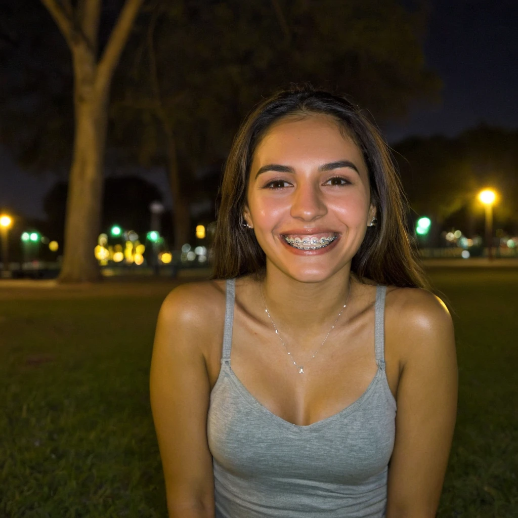 photo of a beautiful latina woman at a park, at night, smiling, braces <lora:braces-mini-v1:1>