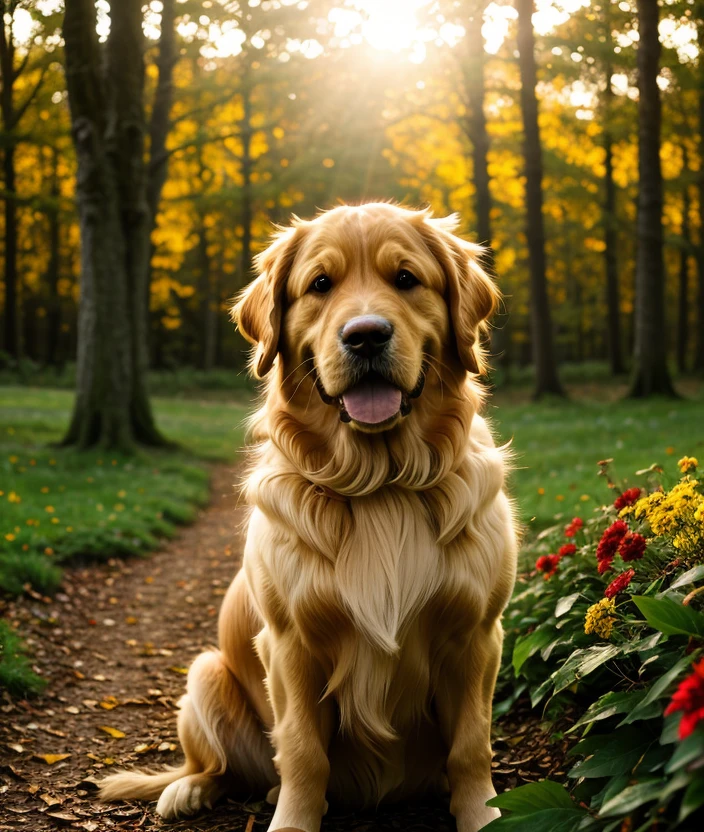 <g0ld3n>, Enchanted forest, spectacular light, upper body, Leaves, sunset, foglie, Colorful flowers, close portrait photo