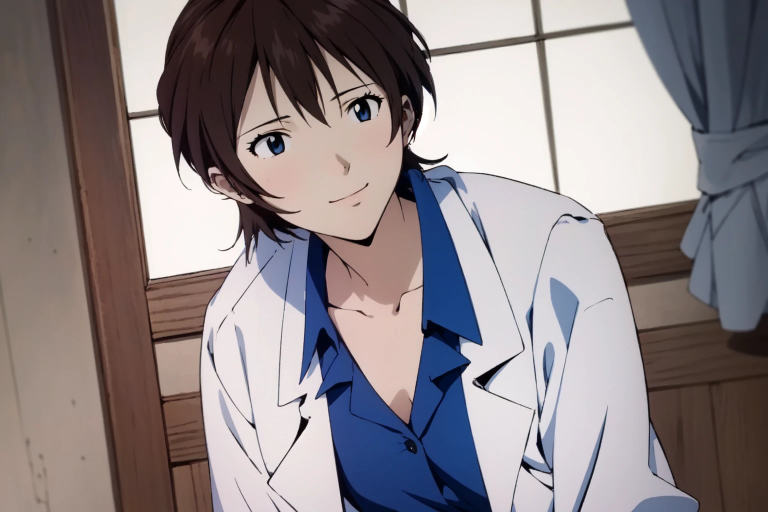 (RAW photo, best quality), 1girl,  natural lighting <lora:eva_yui_ikari_v2_2-000004:1>, yui ikari, labcoat, smile,