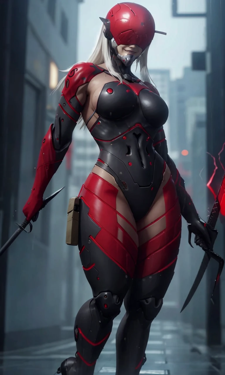 msoonmgr2024, evil smile, 1girl, white hair, 8k, uhd, best quality, masterpiece, intricate, photorealistic, raw image, cyber ninja, helmet, black and red suit, sai sword, tactical suit, armor, trending on artstation, cybernetic, dramatic lighting, robotic, large breasts, thin waist, wide hips, full body,