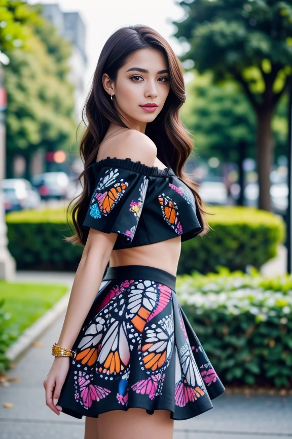 1woman, long hair, realistic, masterpiece, high detailed skin, looking at viewer, outdoor view, solo, full body shot
<lora:Butterfly_CropTop_Micro_Skirt_By_Stable_Yogi:0.8>black micro skirt, off shoulder crop top, butterfly print, butterfly print