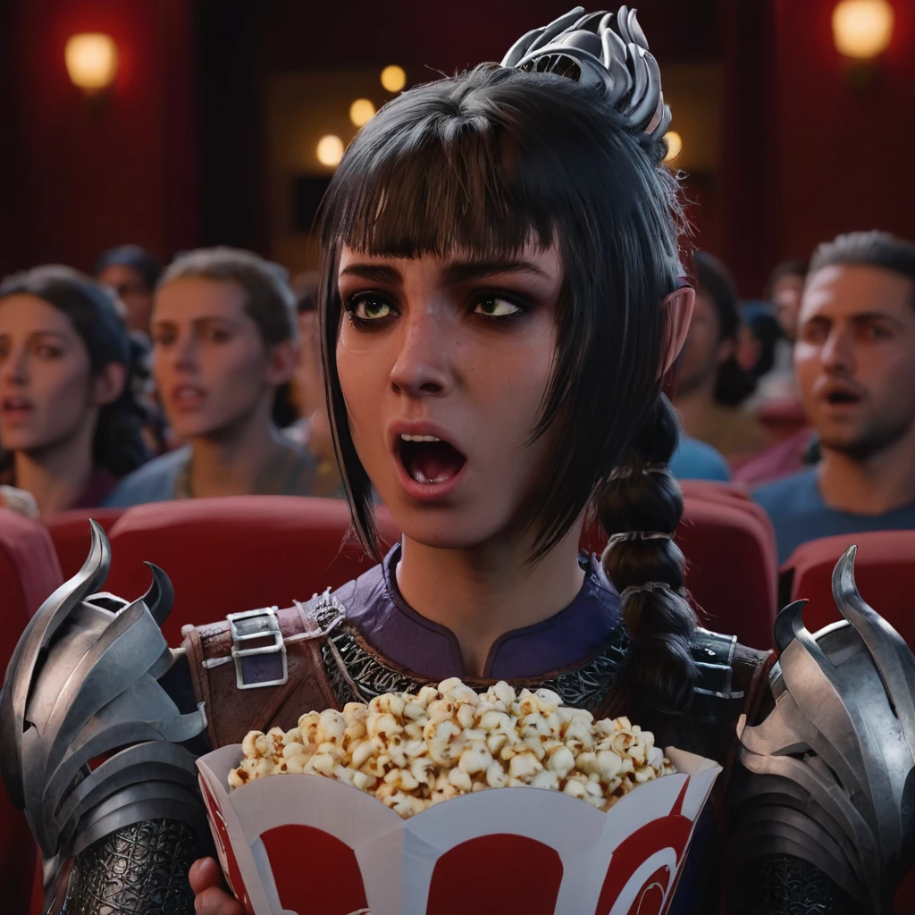 shadowheart eating popcorn in a cinema <lora:shadowheart:1>