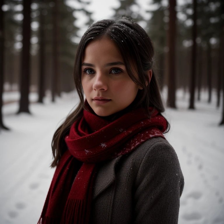 cinematic film still girl red scarf winter snow eyes detailed, volumetric light, . shallow depth of field, vignette, highly detailed, high budget, bokeh, cinemascope, moody, epic, gorgeous, film grain, grainy